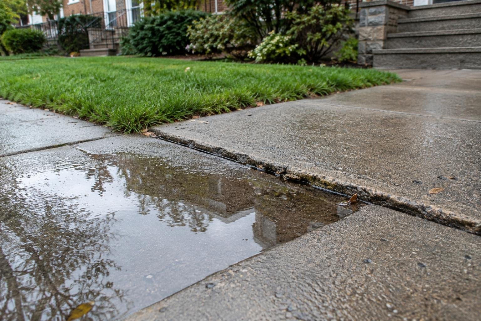Standing water on a settled sidewalk panel beside an uneven concrete joint.