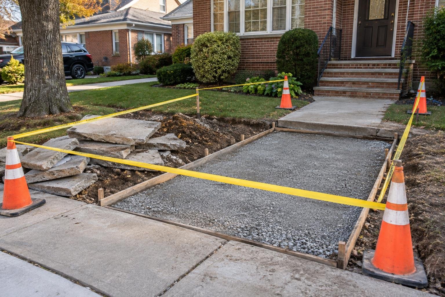 Prepared aggregate base and edge forms in a barricaded sidewalk replacement area.
