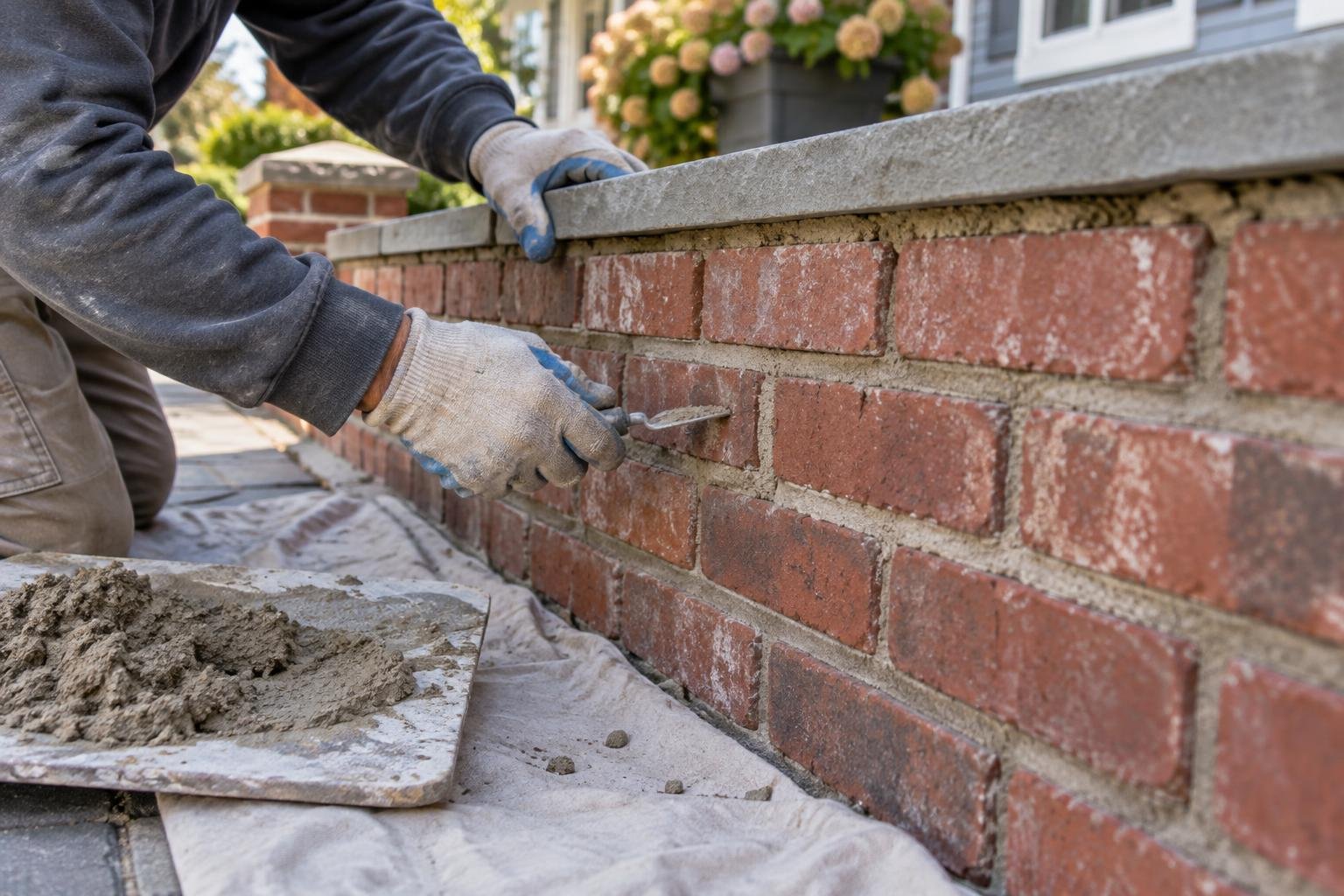 Replacement mortar being packed into prepared joints in a low brick wall.