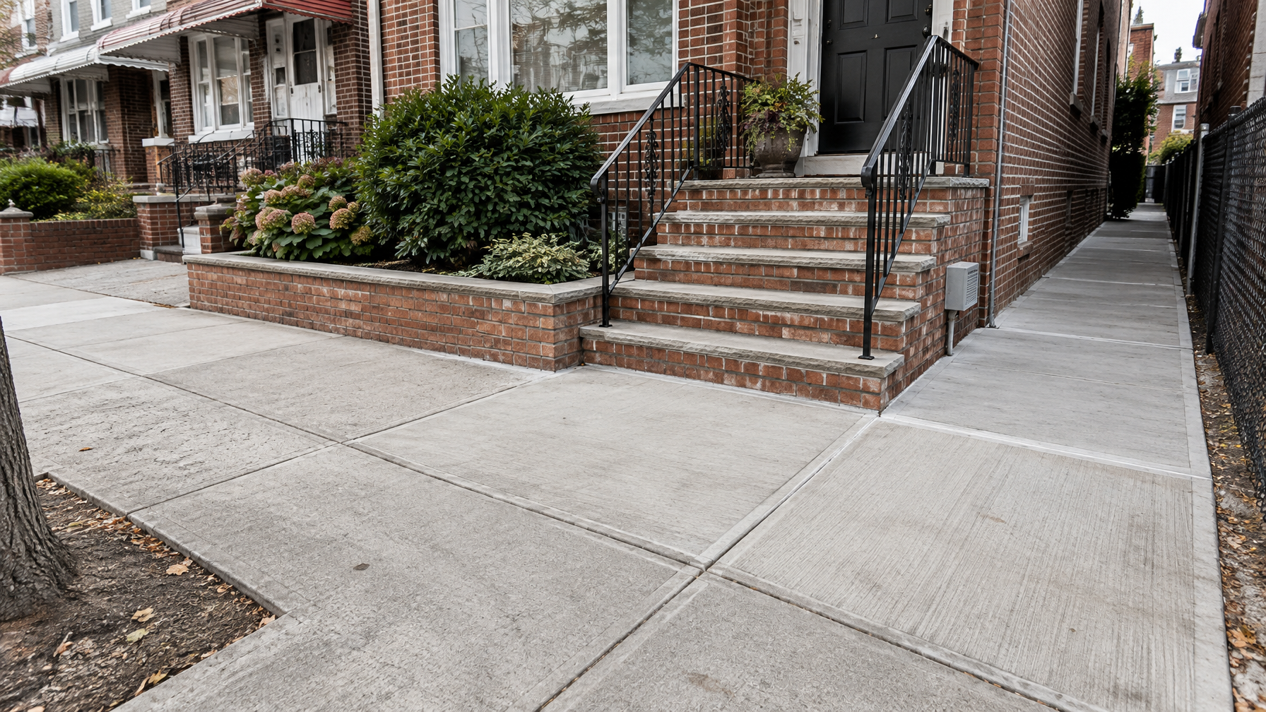 Concrete sidewalk and entrance walkway beside a brick stoop in an Astoria-style residential setting.