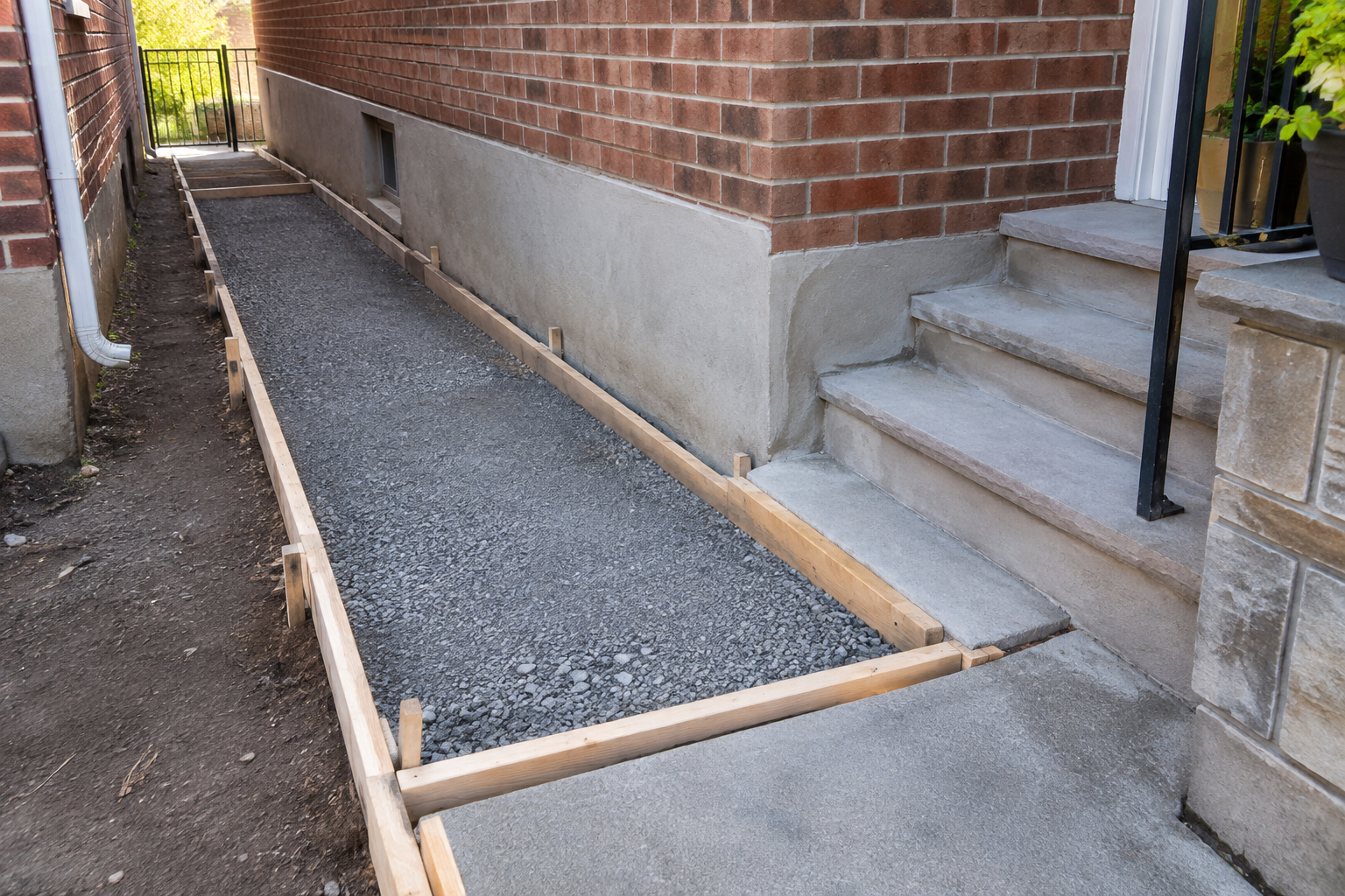 Timber forms and prepared aggregate base for a private concrete walkway beside a brick home.
