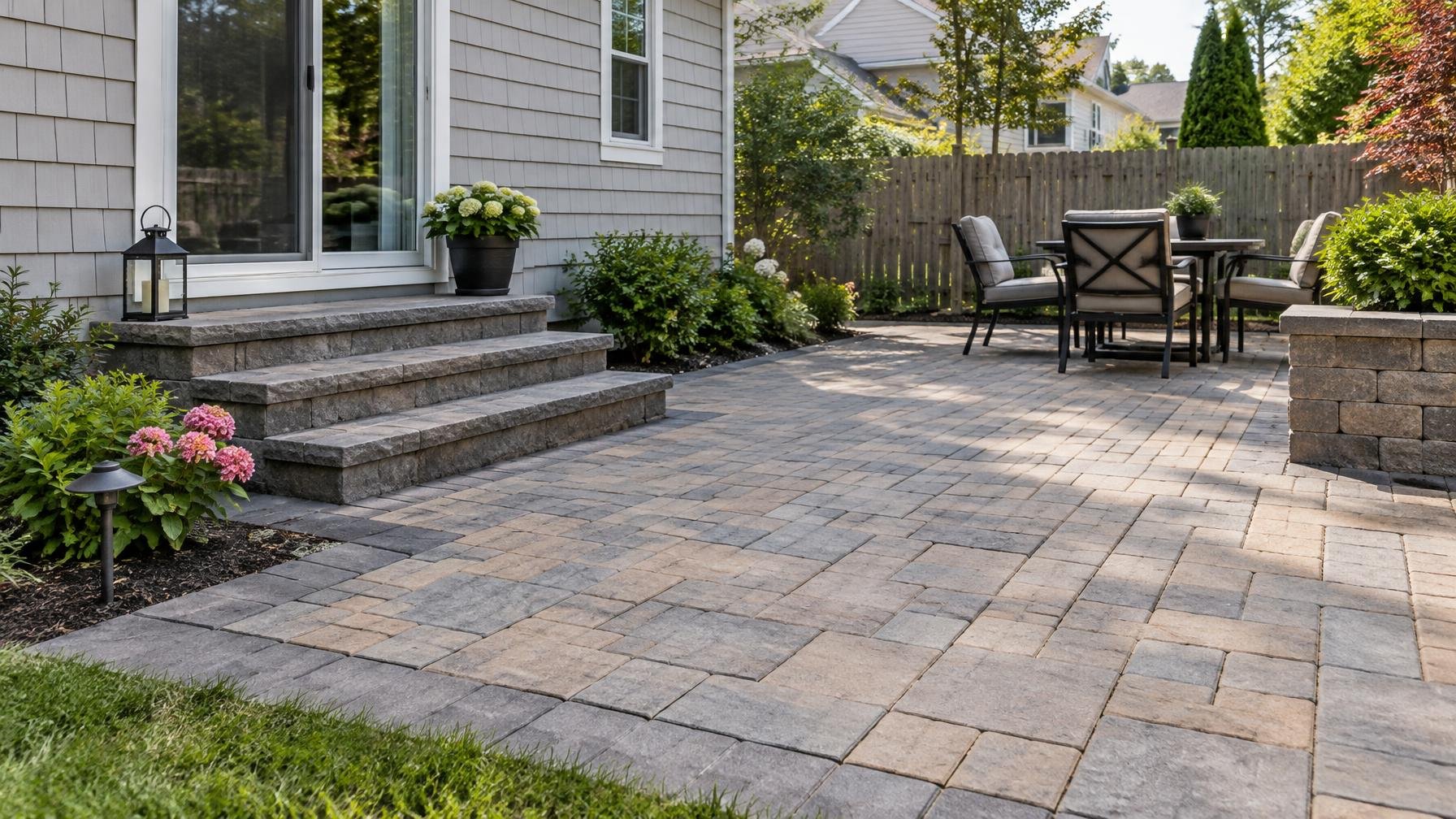 Concrete paver patio with clean joints and a subtle finish in a suburban backyard.