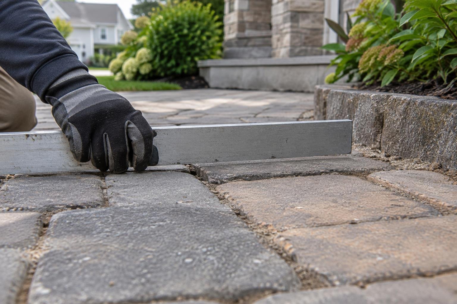 Straightedge checking uneven concrete pavers before repairs and sealing.