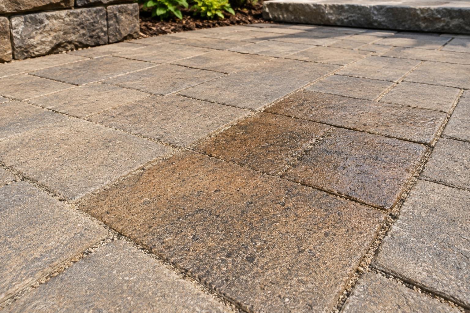 Small sealer test patch showing subtly deeper color beside untreated concrete pavers.