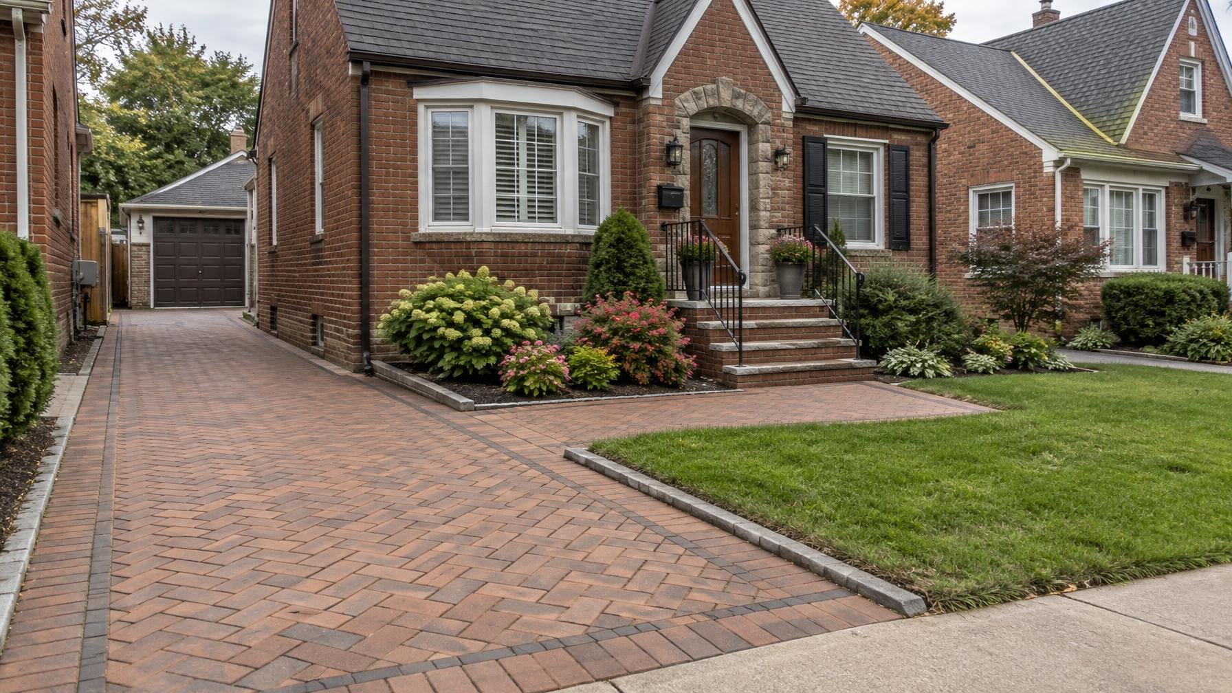 Illustrative Queens-style brick home with a herringbone brick paver driveway and connecting front walkway.