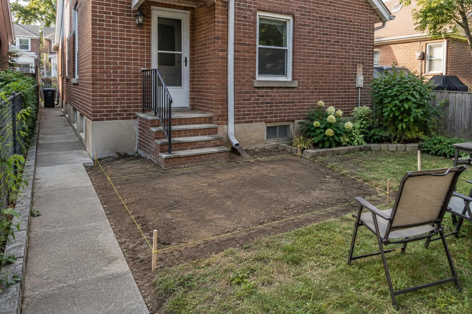 Illustrative backyard patio layout with marked boundaries, a back-door landing and narrow side access.