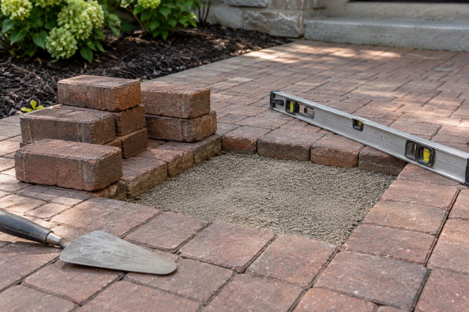 Lifted brick pavers beside a walkway repair area with a straightedge across the surrounding surface.