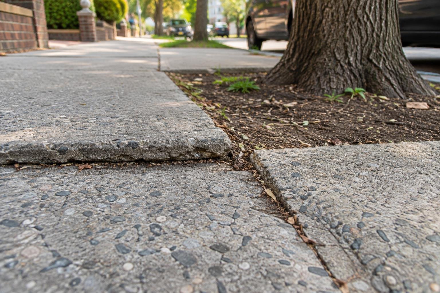 Uneven concrete sidewalk flags beside a street-tree pit.