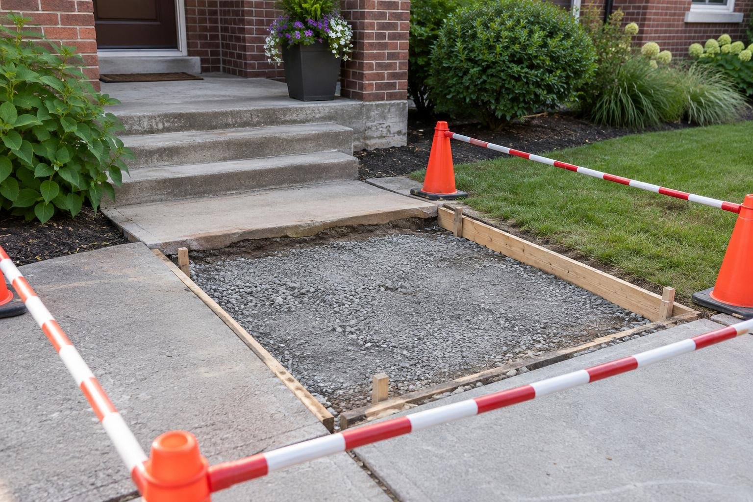Prepared base and forms within a protected sidewalk replacement area.