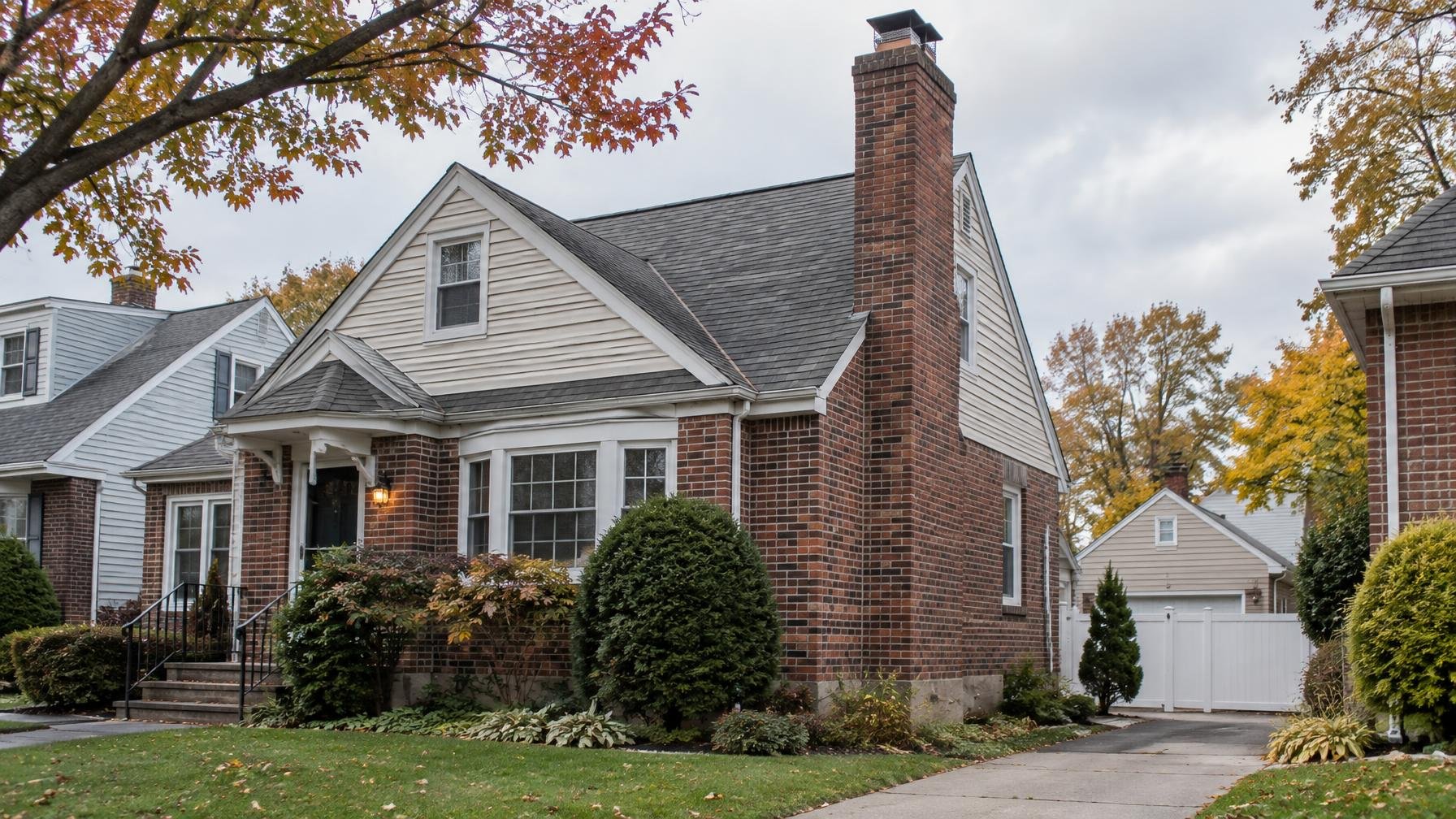 Brick chimney above an older detached home on a tree-lined residential street.