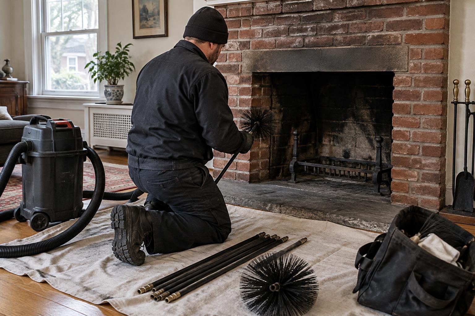Chimney cleaning tools and floor protection arranged beside a cold fireplace.