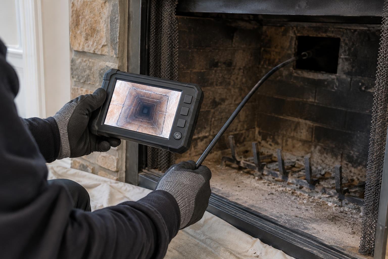 Technician viewing the inside of a chimney flue on a camera inspection monitor.