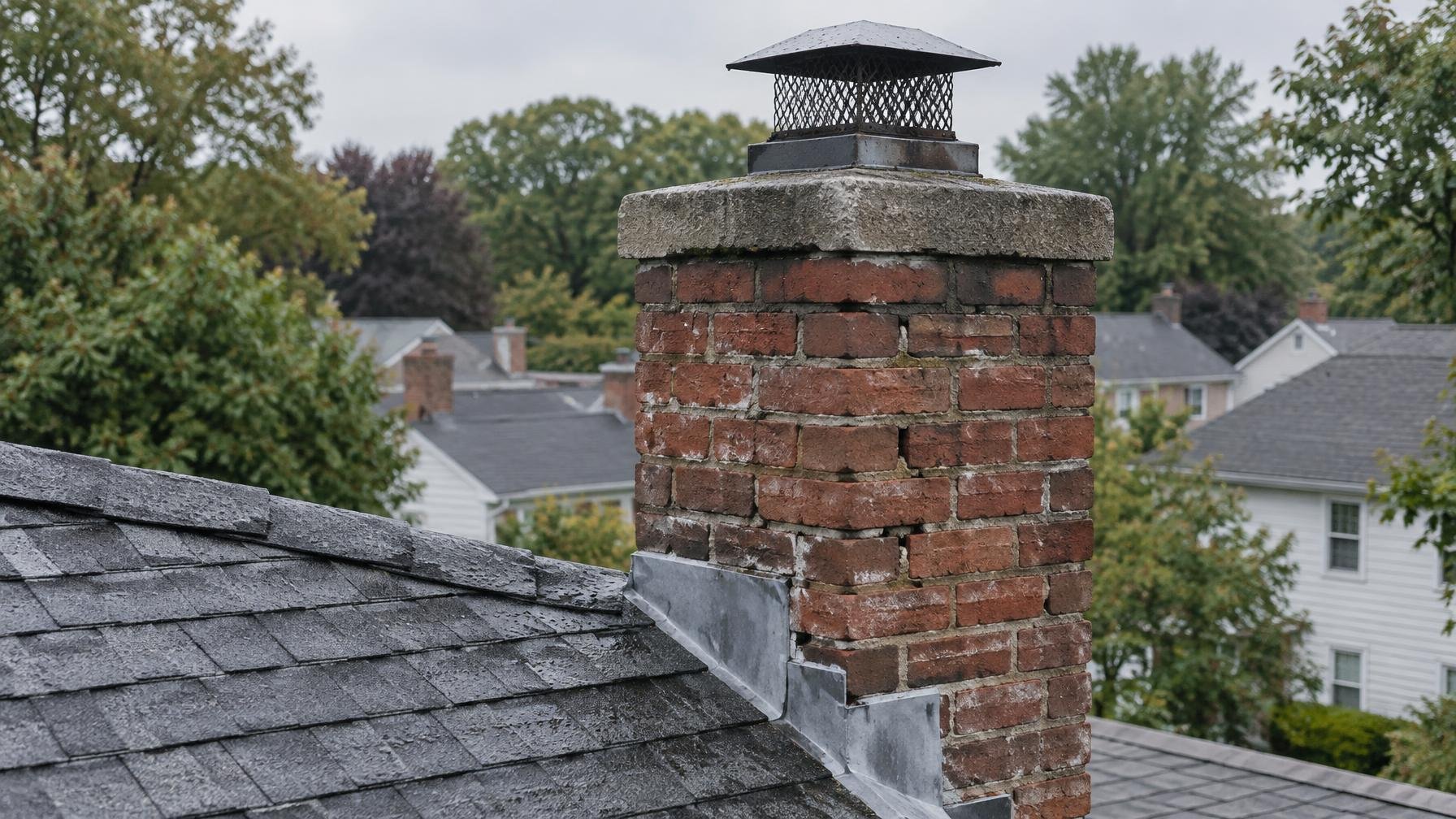 Weathered brick chimney with recessed mortar joints, a metal cap, and flashing at a shingle roof.