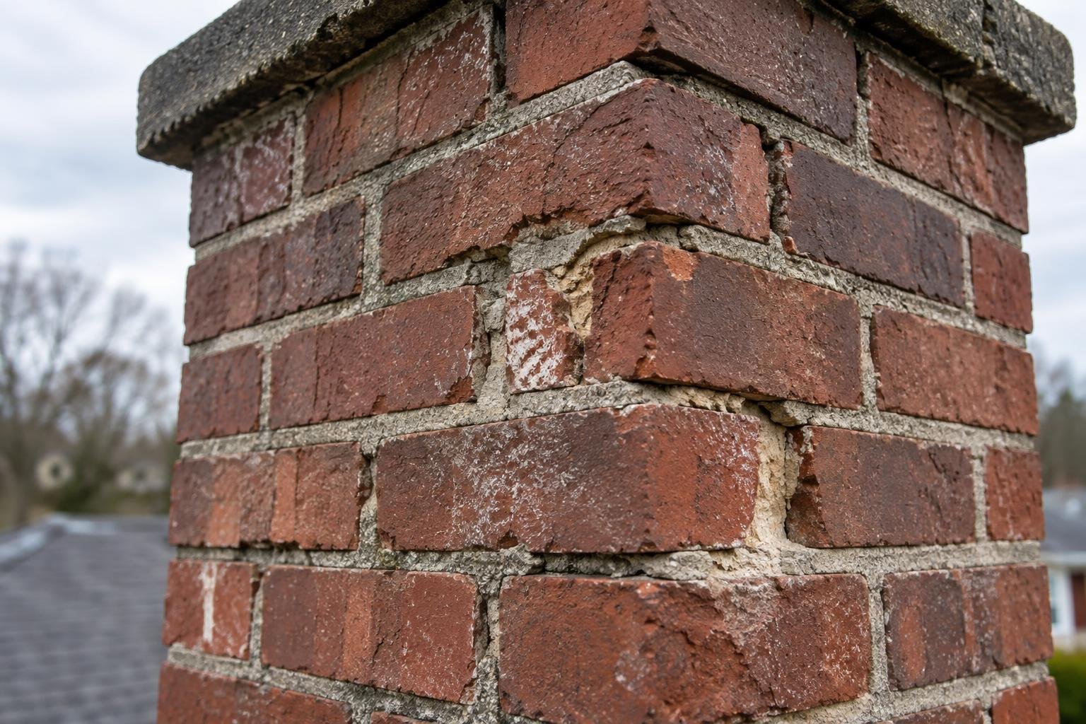 Close view of missing chimney mortar and spalled brick faces that need evaluation.