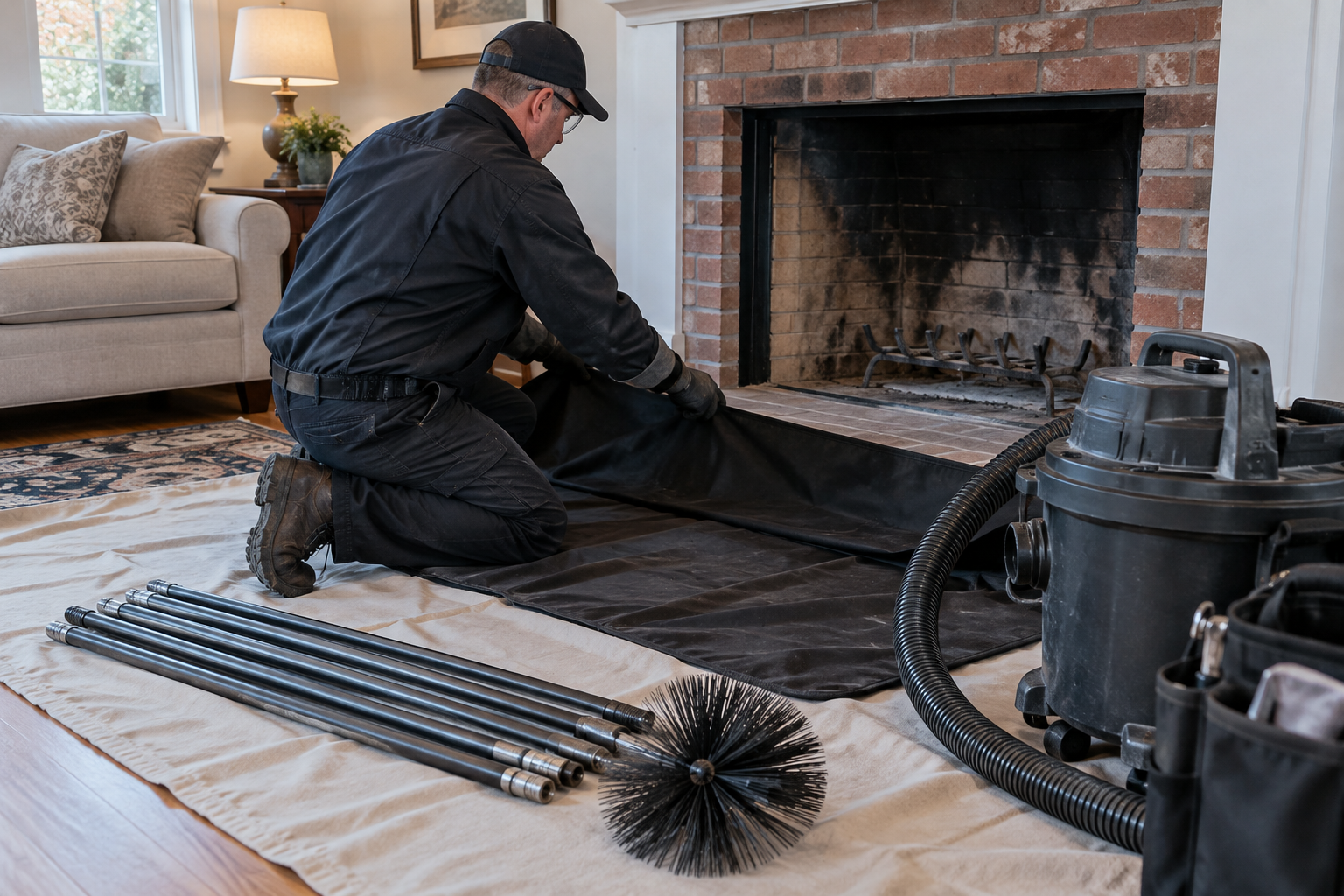 Technician preparing chimney cleaning equipment beside a cold fireplace with floor protection.
