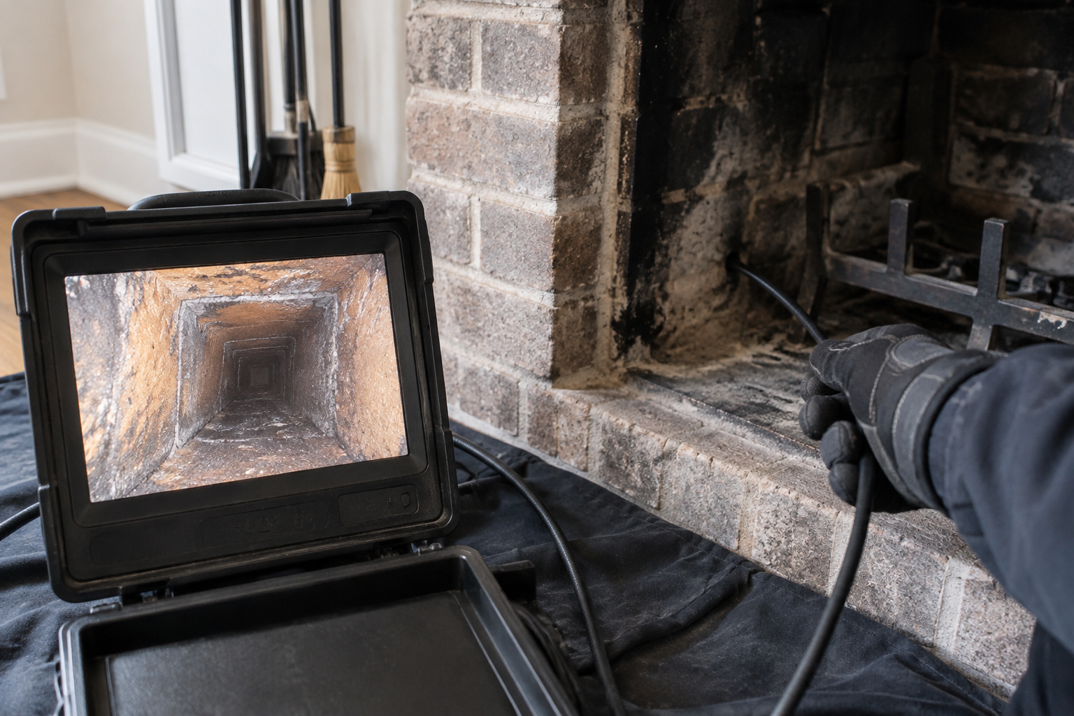 Chimney inspection monitor displaying interior clay flue tiles during a camera examination.