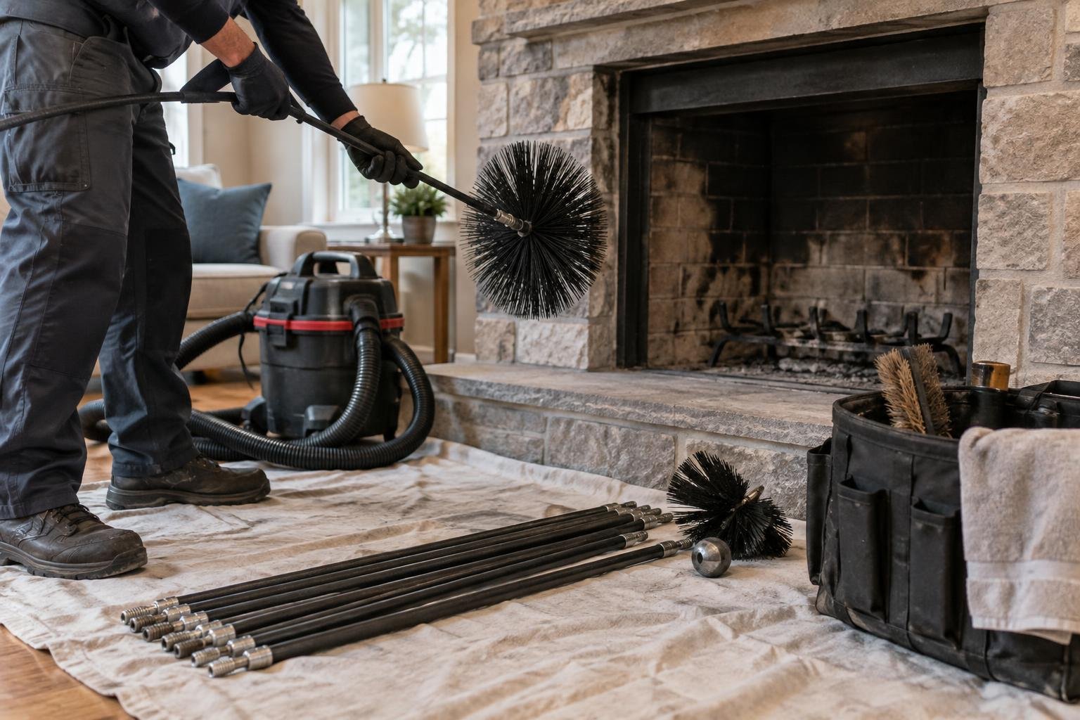 Chimney sweeping tools and protective floor covering arranged beside an unlit masonry fireplace.