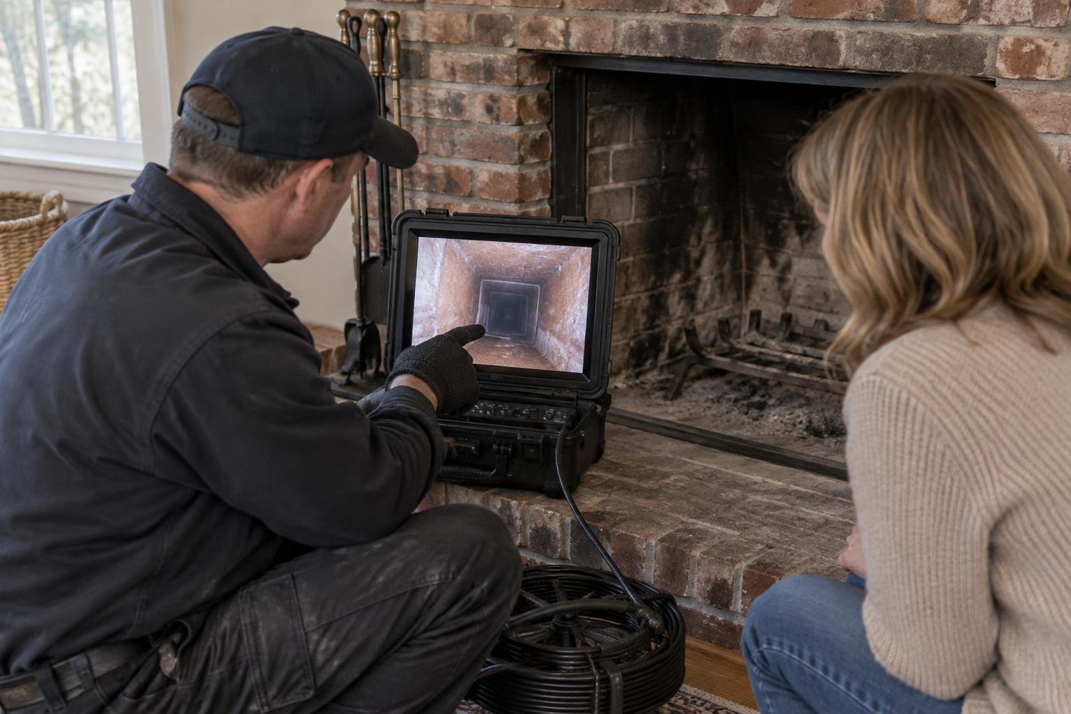 Technician showing a homeowner camera footage of the inside of a chimney flue.