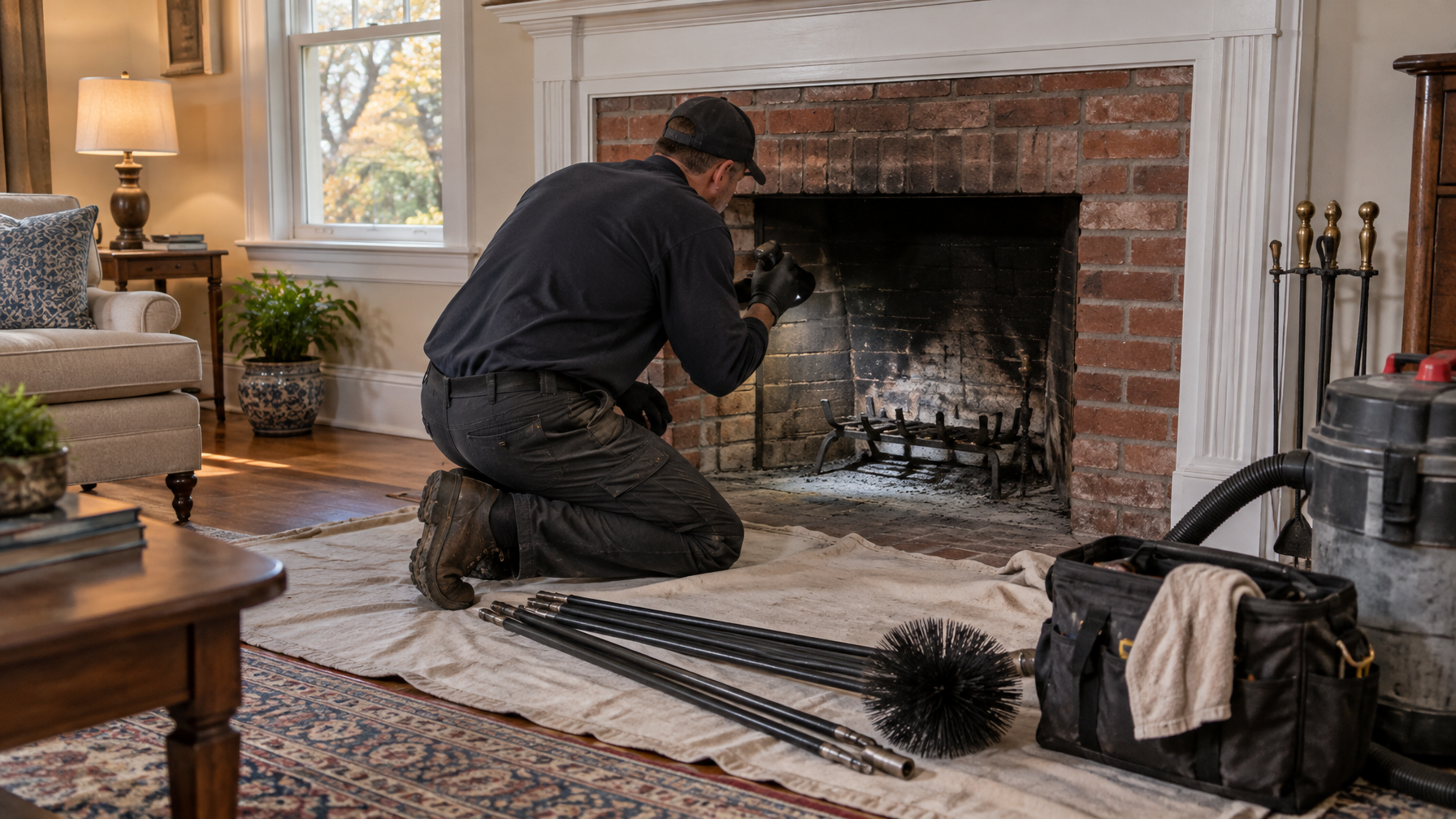 Chimney technician preparing tools beside a cold brick fireplace protected for sweeping.