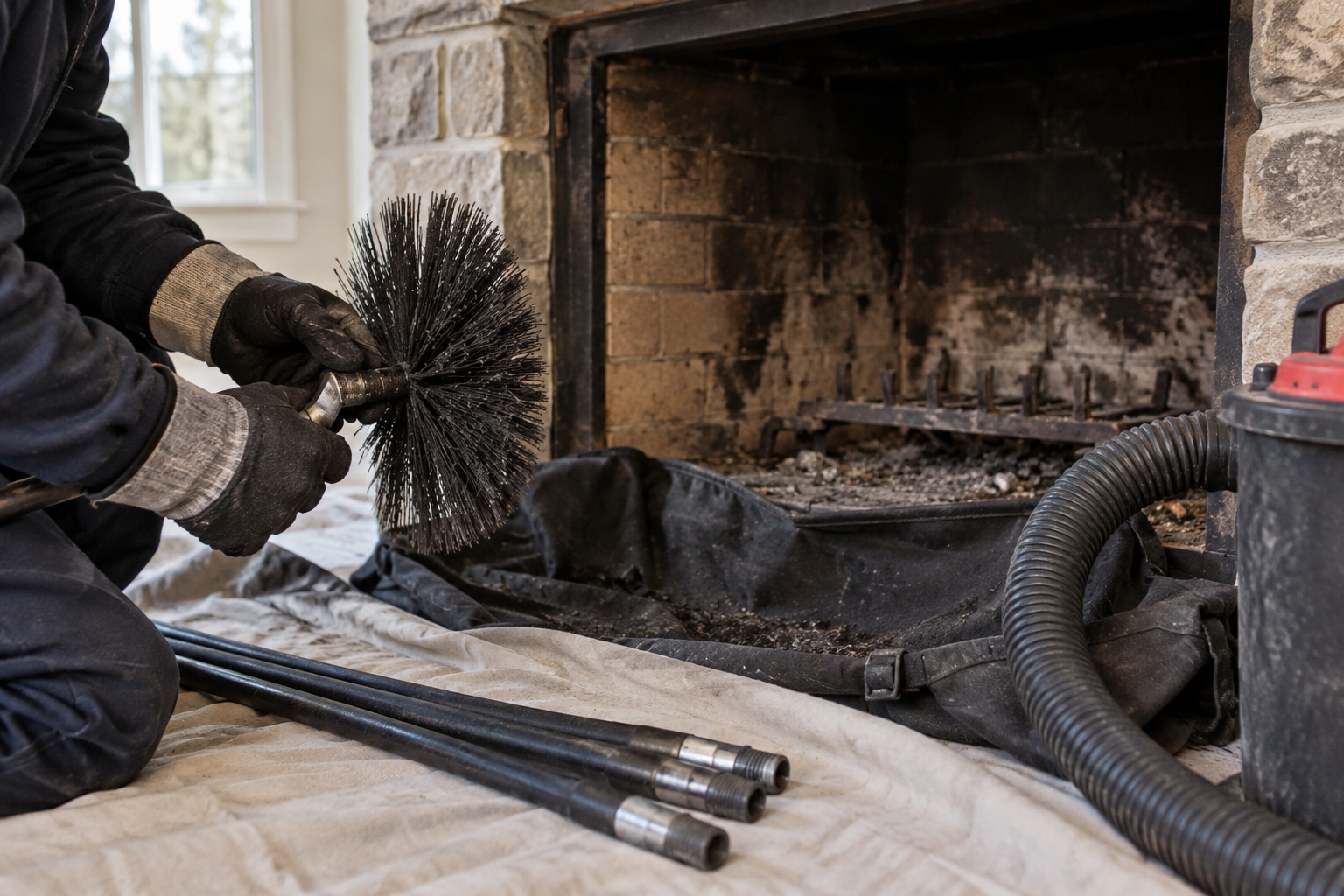 Chimney brush and extension rods prepared beside a protected fireplace hearth.