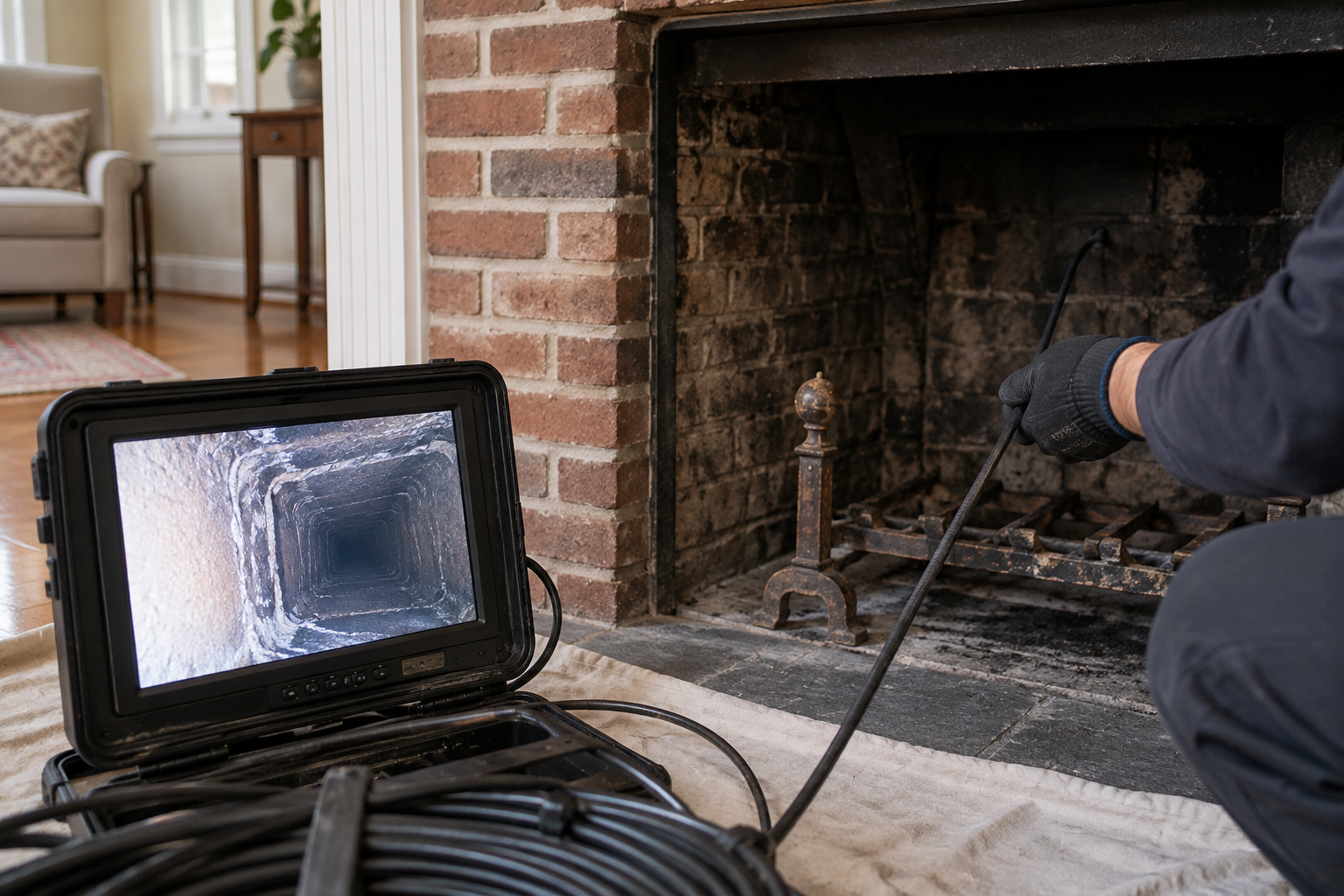 Camera inspection equipment showing an internal view of a chimney's clay flue liner.
