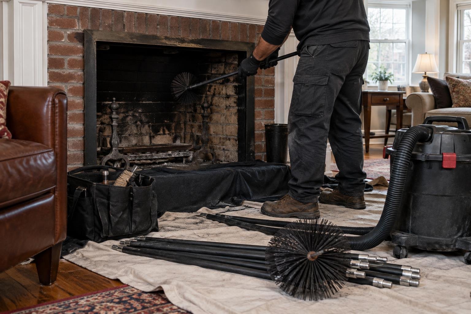 Protected hearth area with chimney sweeping brushes and soot-containment equipment beside an unlit fireplace.