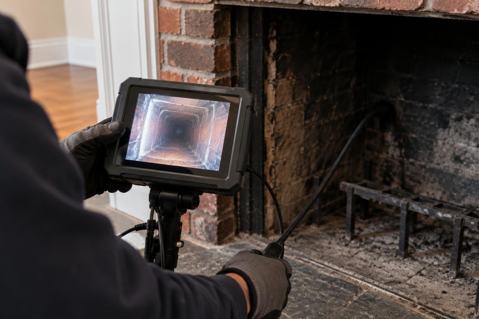 Technician reviewing an interior flue camera image during a chimney inspection.